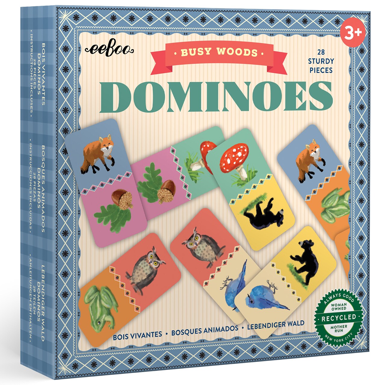 eeBoo: Dominoes: Busy Woods - 28 Colorful Tiles, Animal & Nature Themed, Classic Matching Family Game, Tile Laying, Kids Ages 3+, 2-4 Players